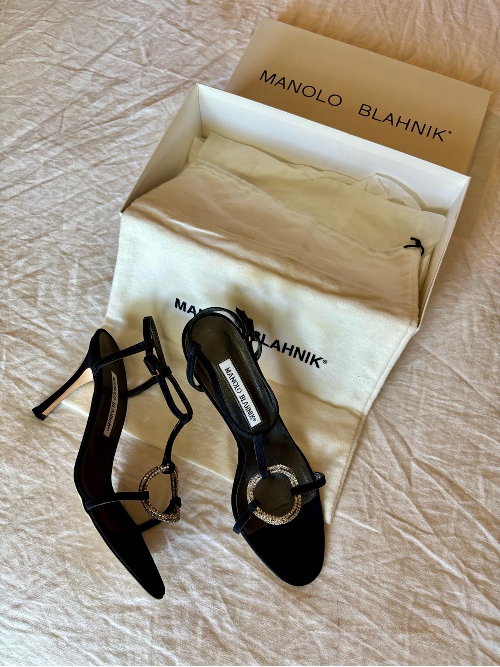 Manolo Blanhnik T-Strap Sandals with Rhinestone Ring Size 37.5